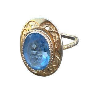 Vintage Gold Plated Ring Intricate Design Faceted Glass Blue Stone Size 7 3/4